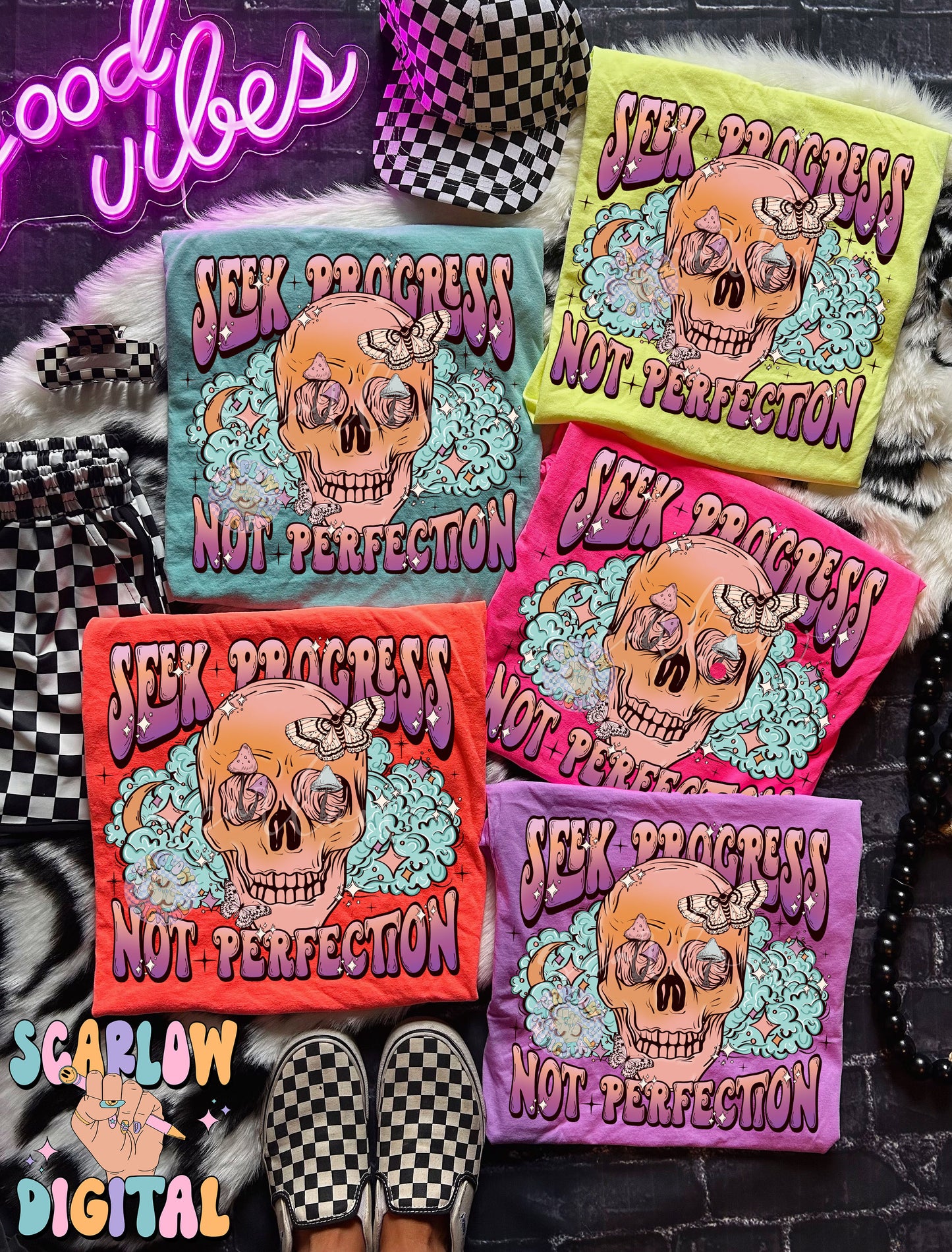 Seek Progress Not Perfection PNG Digital Design Download, skull png, skeleton png, celestial png, self care png, butterfly png, mushroom png