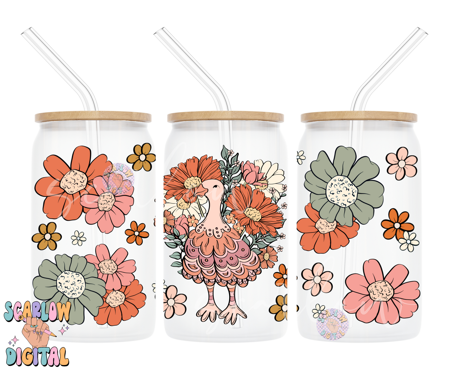 Floral Turkey Can Glass Wrap PNG-Thanksgiving Sublimation Digital Design Download-floral can glass wrap png, thankful can glass png design