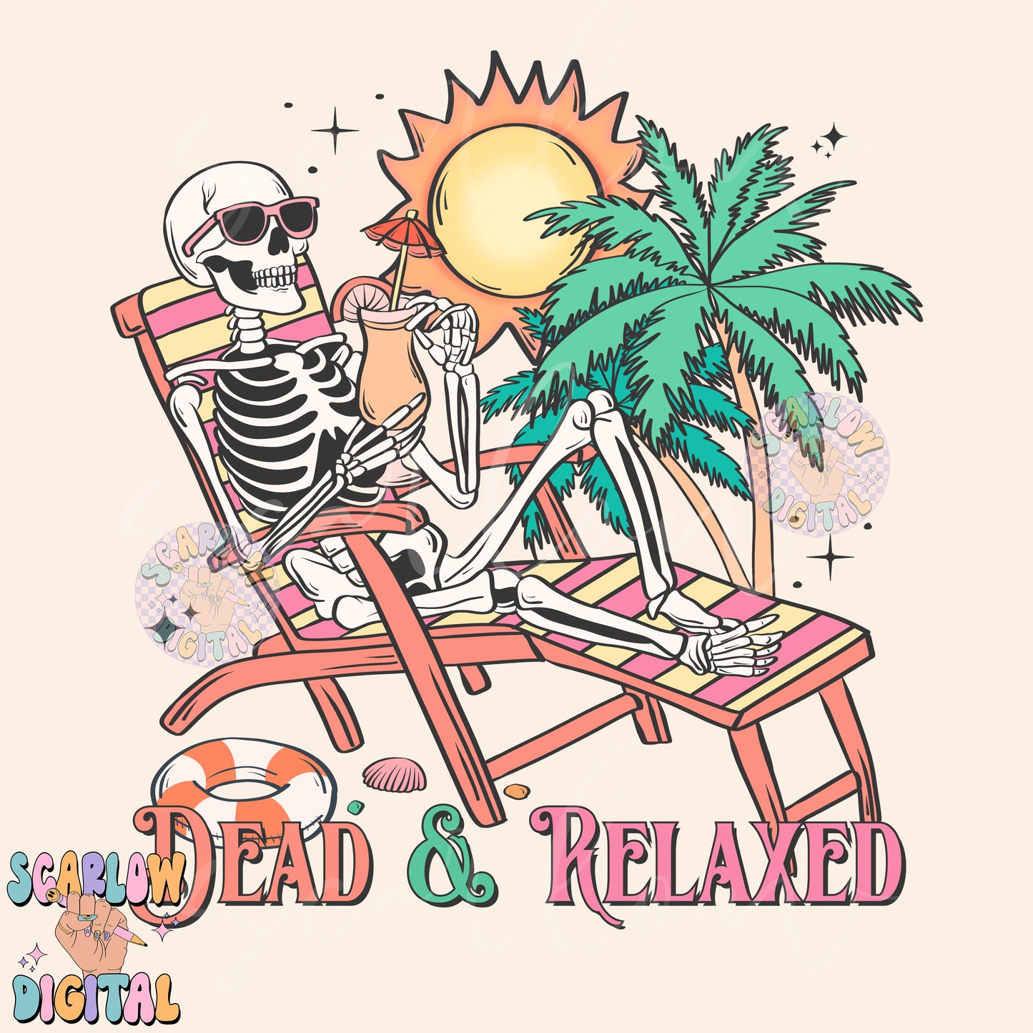 Dead and Relaxed PNG Digital Design Download, skeleton png, funny png designs, halloween png, spooky summer png, beach png, palm trees png