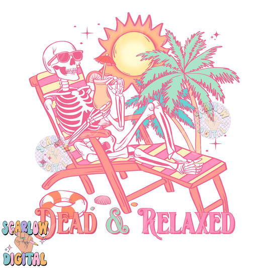 Dead and Relaxed PNG Digital Design Download, skeleton png, funny png designs, halloween png, spooky summer png, beach png, palm trees png