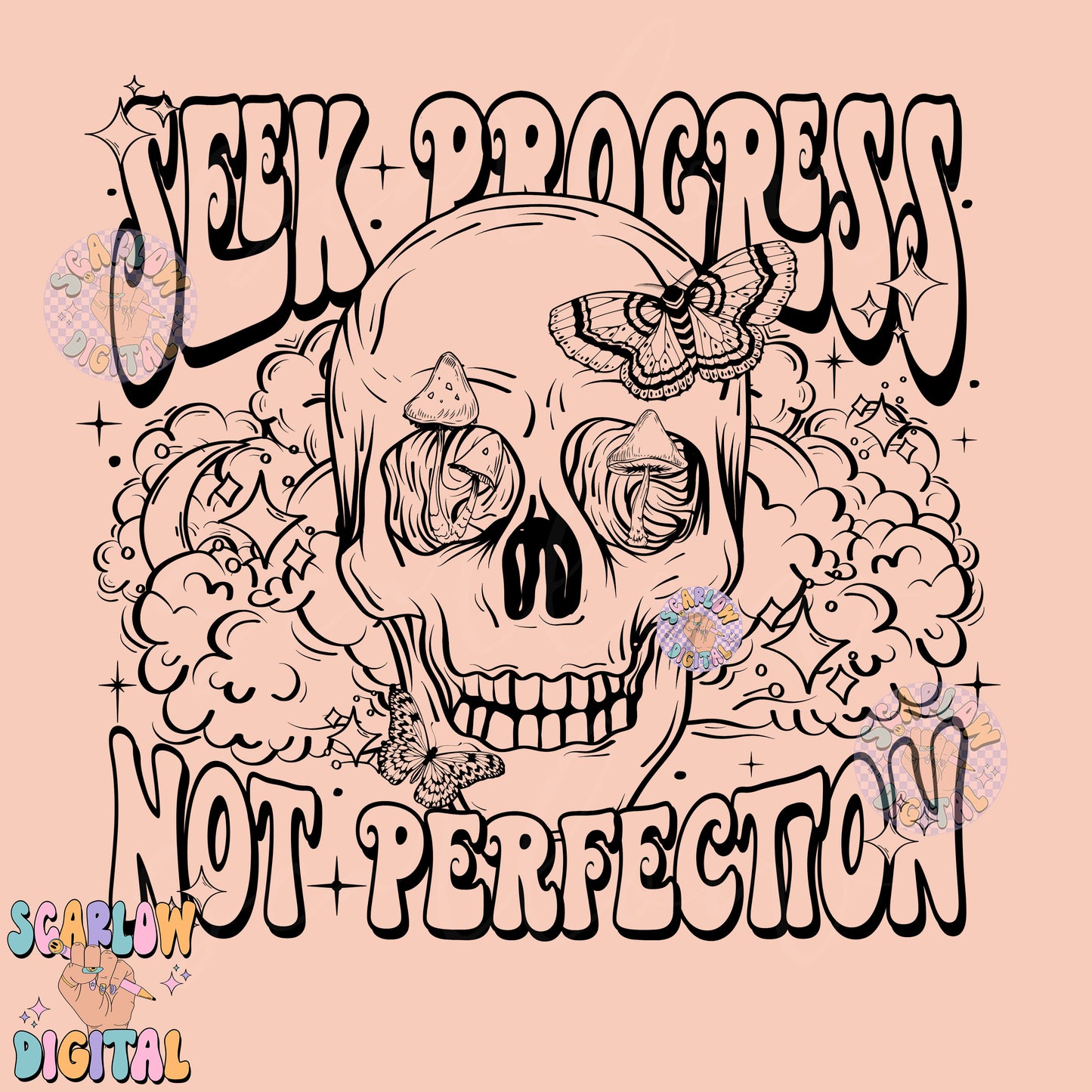 Seek Progress Not Perfection PNG Digital Design Download, skull png, skeleton png, celestial png, self care png, butterfly png, mushroom png