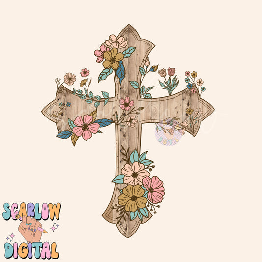 Floral Wooden Cross PNG Digital Design