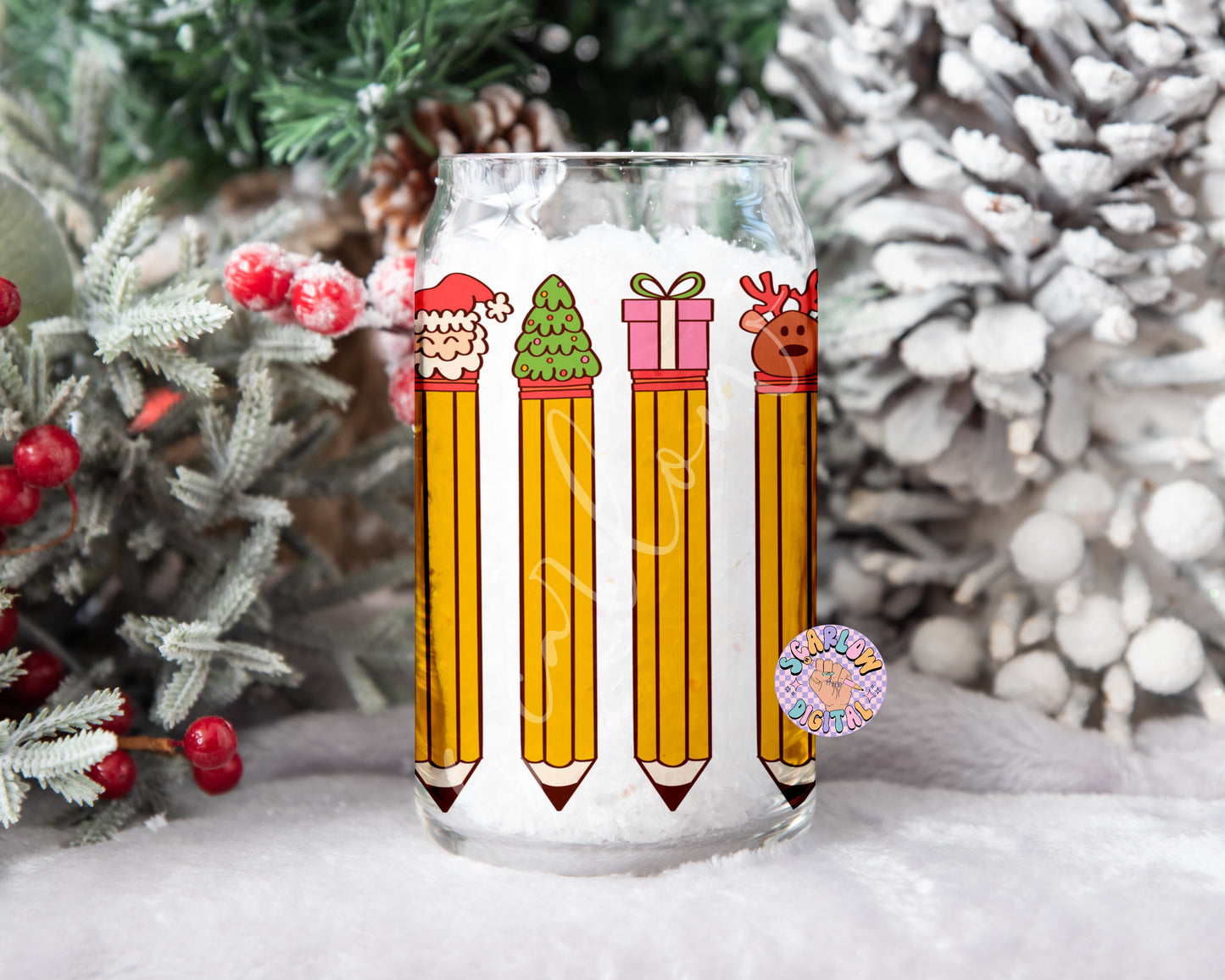 Christmas Pencil Erasers Can Glass Wrap PNG, 16 Ounce can glass designs, teacher can glass png, teacher gift ideas, teacher christmas png