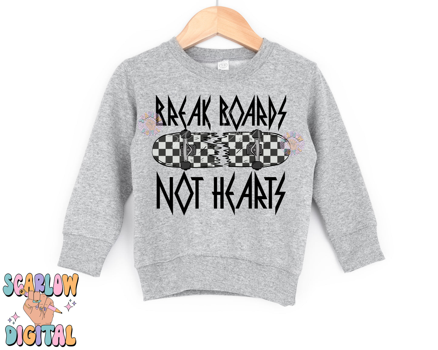 Break Boards Not Hearts PNG-Valentine's Day Sublimation Digital Design Download-checkered png, skateboard png, valentines boy png design