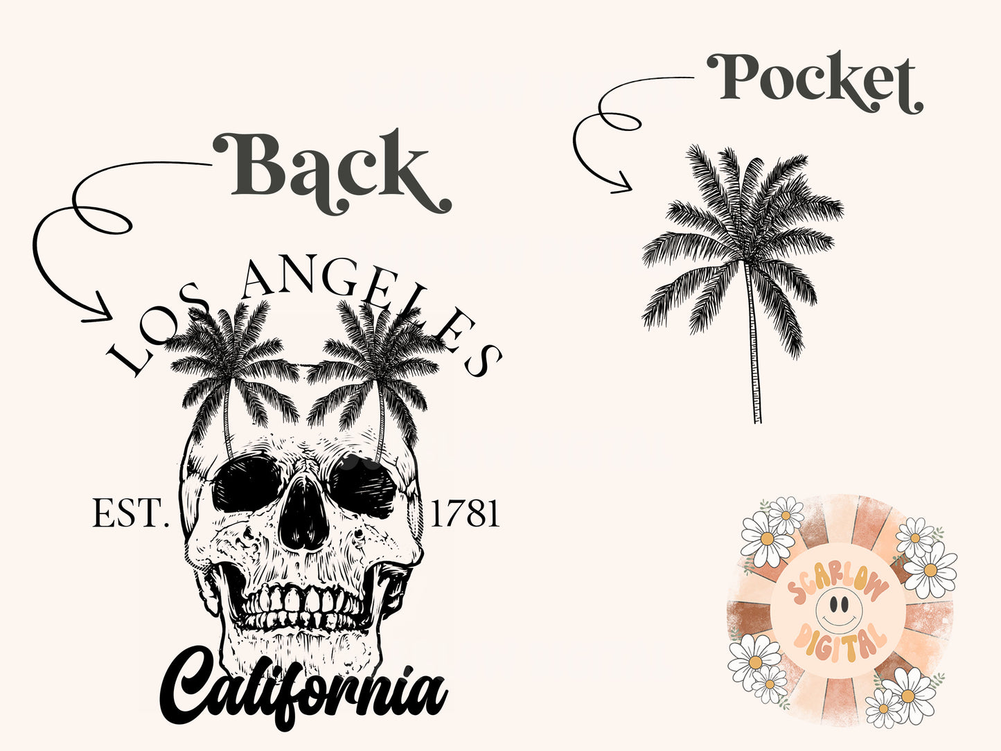 Los Angeles California Pocket and Back PNG Bundle-front and back png, pocket png, skeleton png, skull png, LA png designs, palm tree png