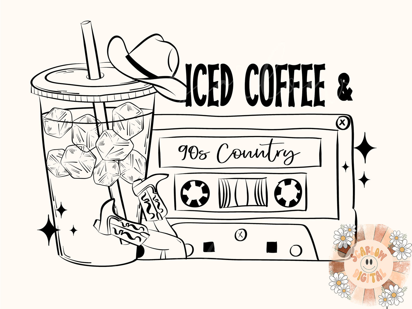 Iced Coffee and 90s Country PNG-Western Sublimation Digital Design Download-country music png, cowgirl png, cowboy png, adult png design