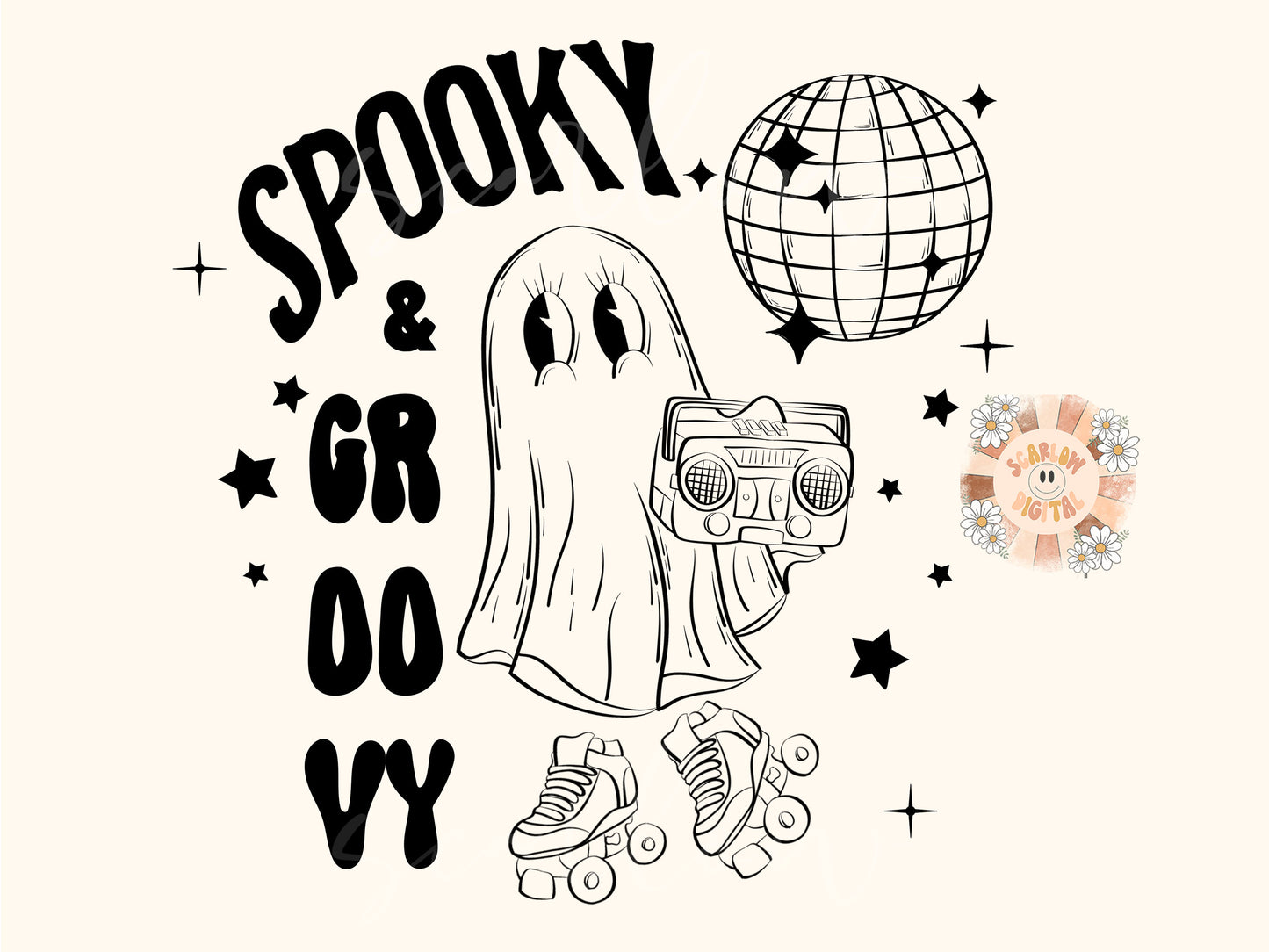 Spooky and Groovy PNG-Halloween Sublimation Digital Design Download-ghost png, disco halloween png, rollerskate png, retro png, outline png