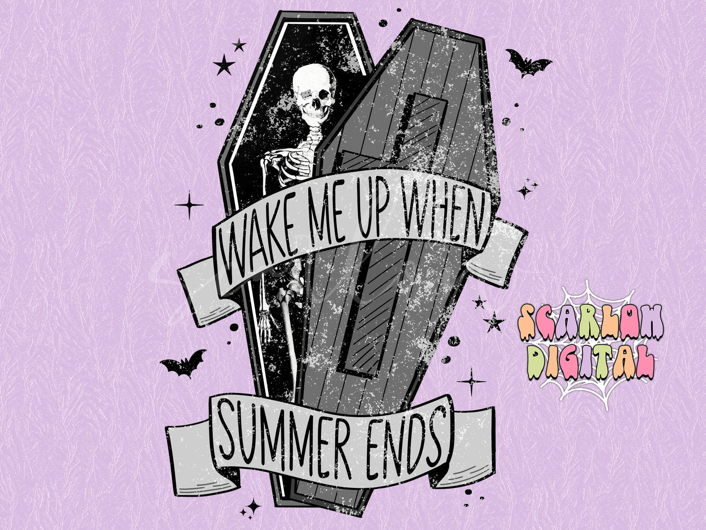 Wake Me Up When Summer Ends PNG-Halloween Sublimation Digital Design Download-skeleton png, coffin png, spooky png, black and grey halloween