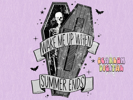 Wake Me Up When Summer Ends PNG-Halloween Sublimation Digital Design Download-skeleton png, coffin png, spooky png, black and grey halloween