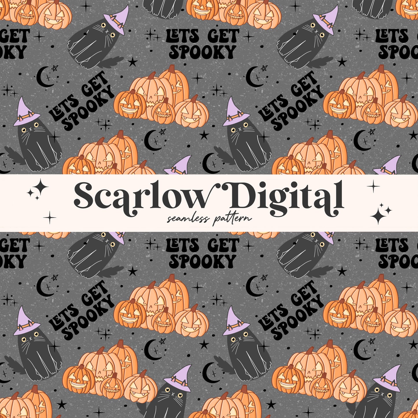 Let's Get Spooky Seamless Pattern-Halloween Sublimation Digital Design Download-spooky surface pattern, black cat seamless file, pumpkins
