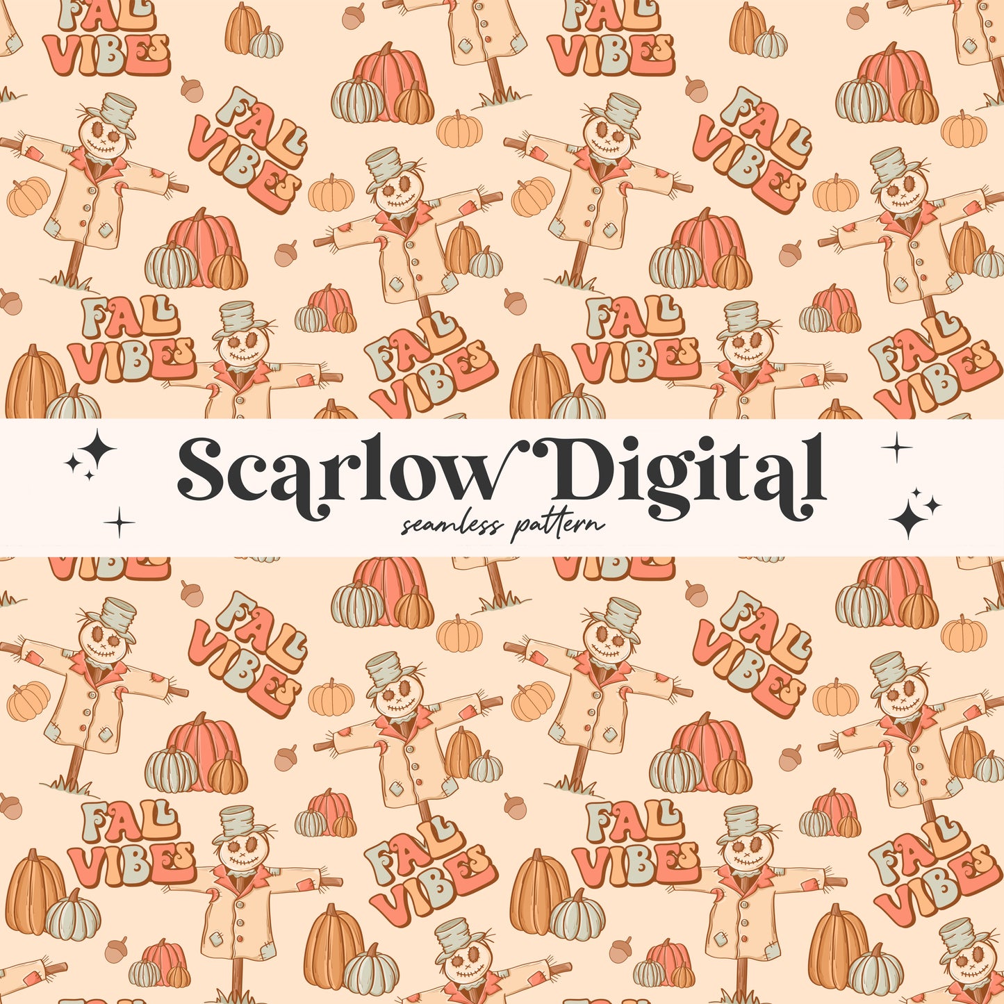 Fall Vibes Seamless Pattern-Autumn Sublimation Digital Design Download-fall surface pattern, pumpkins seamless file, scarecrow seamless file