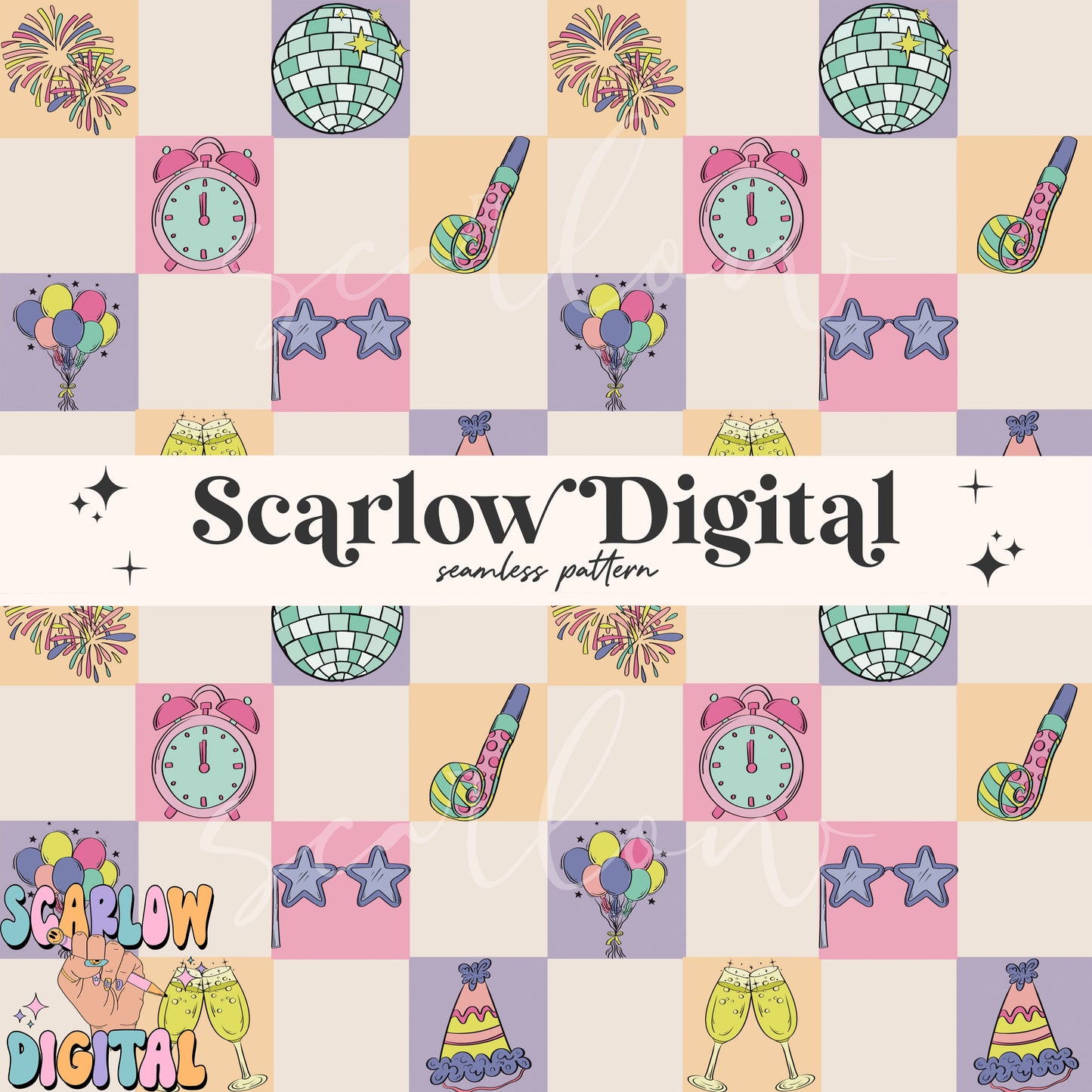 New Years Seamless Pattern-2025 Sublimation Digital Design Download-happy new year seamless, checkered seamless, disco seamless patterns