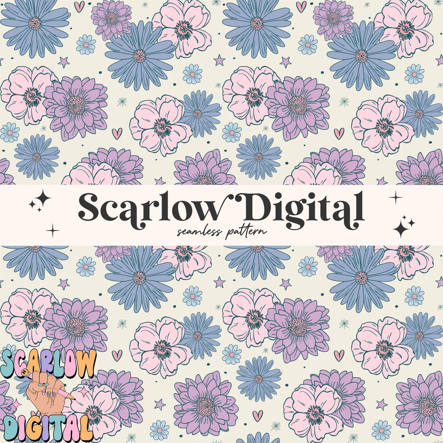 Floral Seamless Pattern Digital Design Download, flowers seamless pattern, doodle hearts seamless, girly seamless, spring seamless pattern