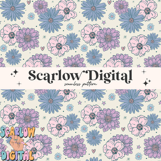 Floral Seamless Pattern Digital Design Download, flowers seamless pattern, doodle hearts seamless, girly seamless, spring seamless pattern