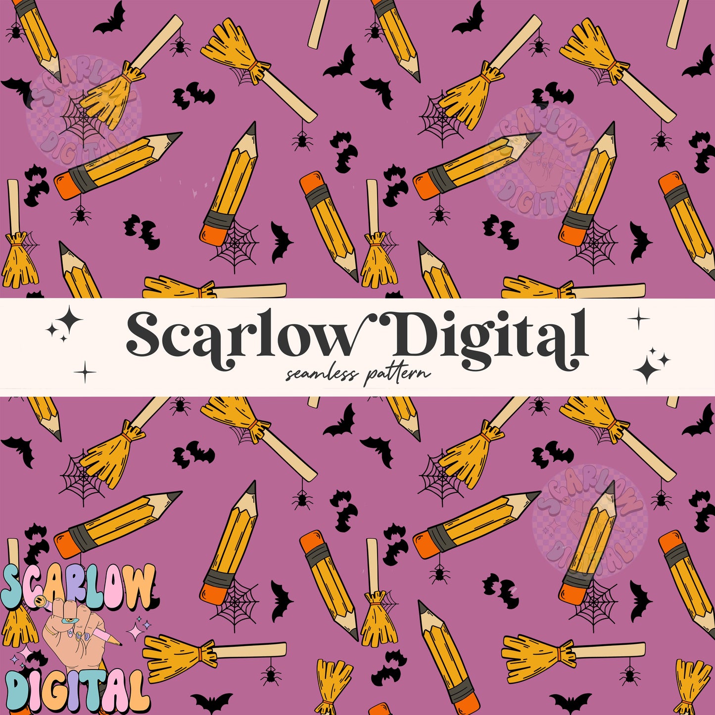 Pencils and Brooms Seamless Pattern Digital Design