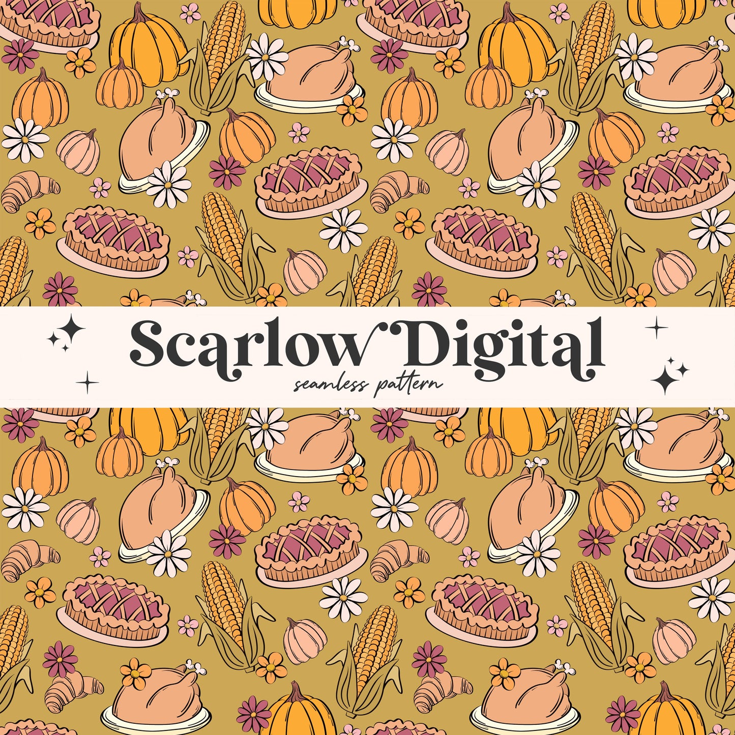 Thanksgiving Food Seamless Pattern-Fall Sublimation Digital Design Download-pumpkins seamless, pie seamless, turkey seamless, floral seam
