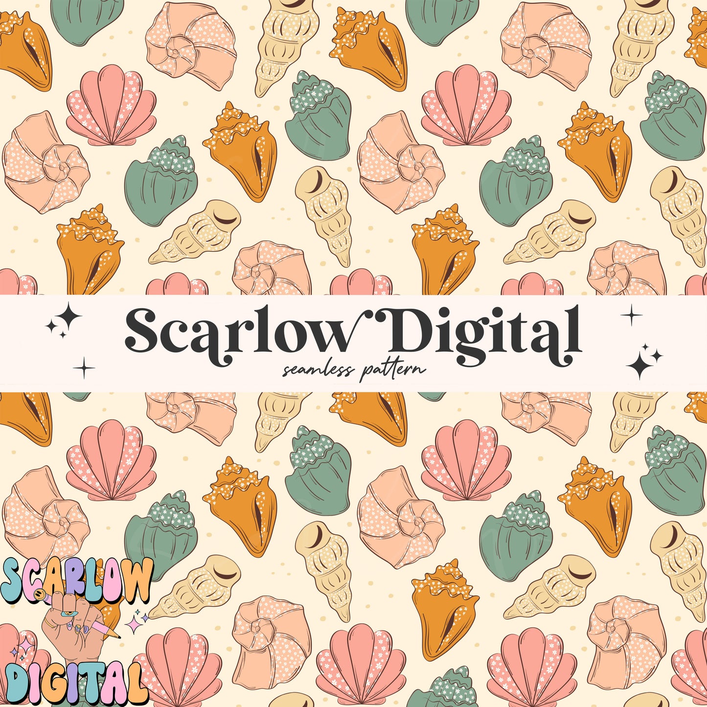 Floral Sea Shells Seamless Pattern Digital Design
