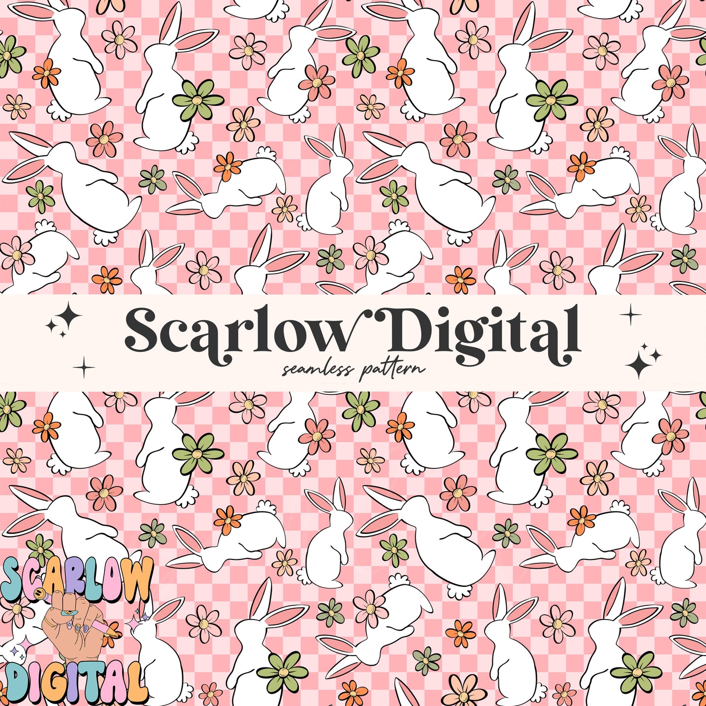 Floral Easter Bunny Seamless Pattern-Easter Sublimation Digital Design Download-checkered easter seamless pattern, girly easter seamless