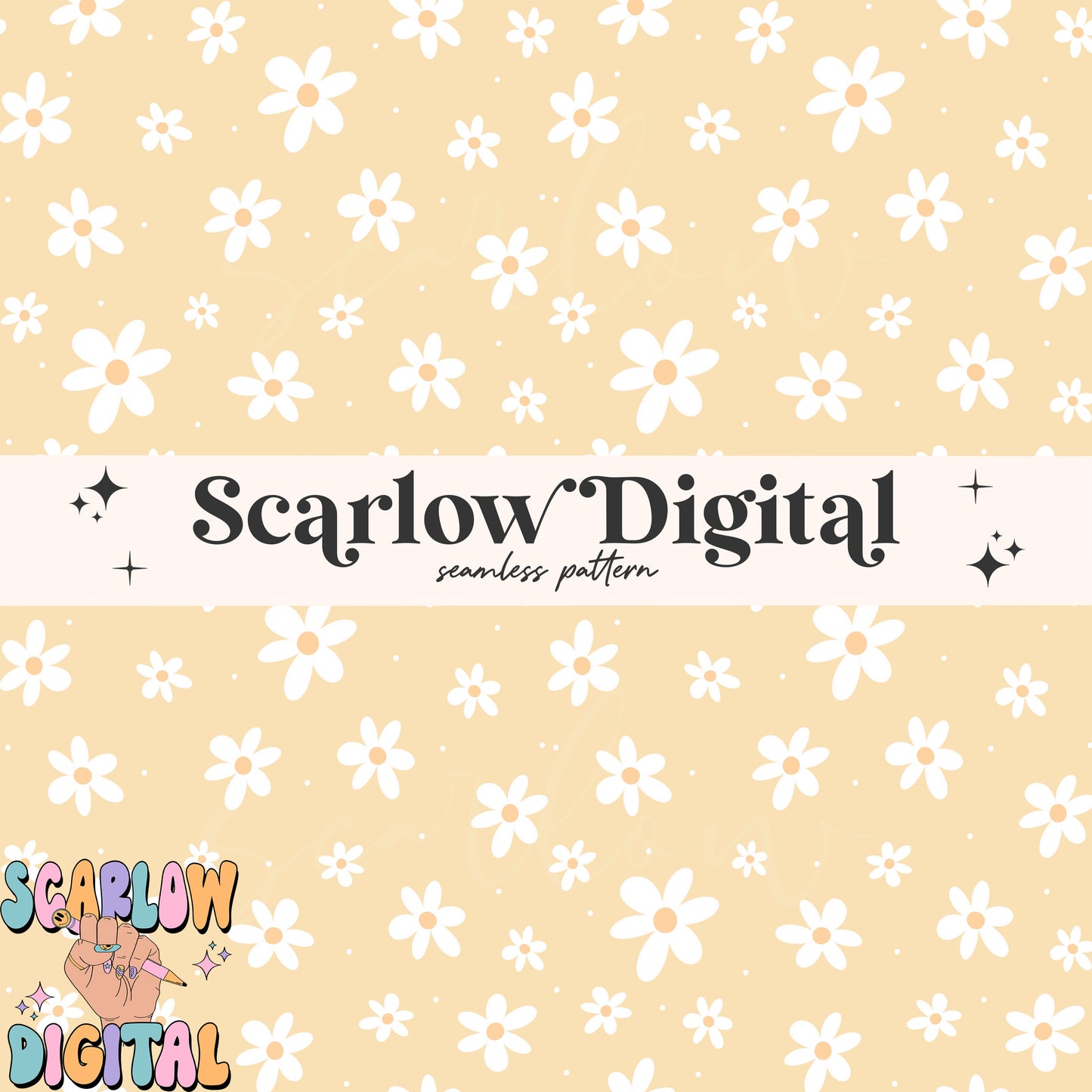 Yellow Flowers Seamless Pattern Digital Design Download, simple floral pattern, doodle flowers seamless, groovy seamless, hippie seamless