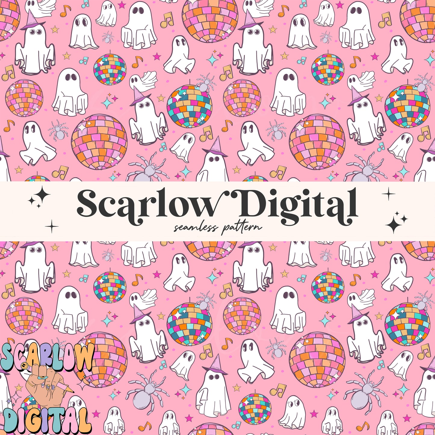 Ghost Disco Seamless Pattern Digital Design Download, halloween seamless paper, spooky season digital prints, groovy seamless pattern design