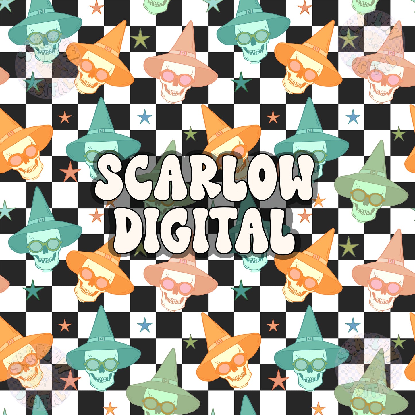 Skulls in Witch Hats Seamless Pattern Digital Design