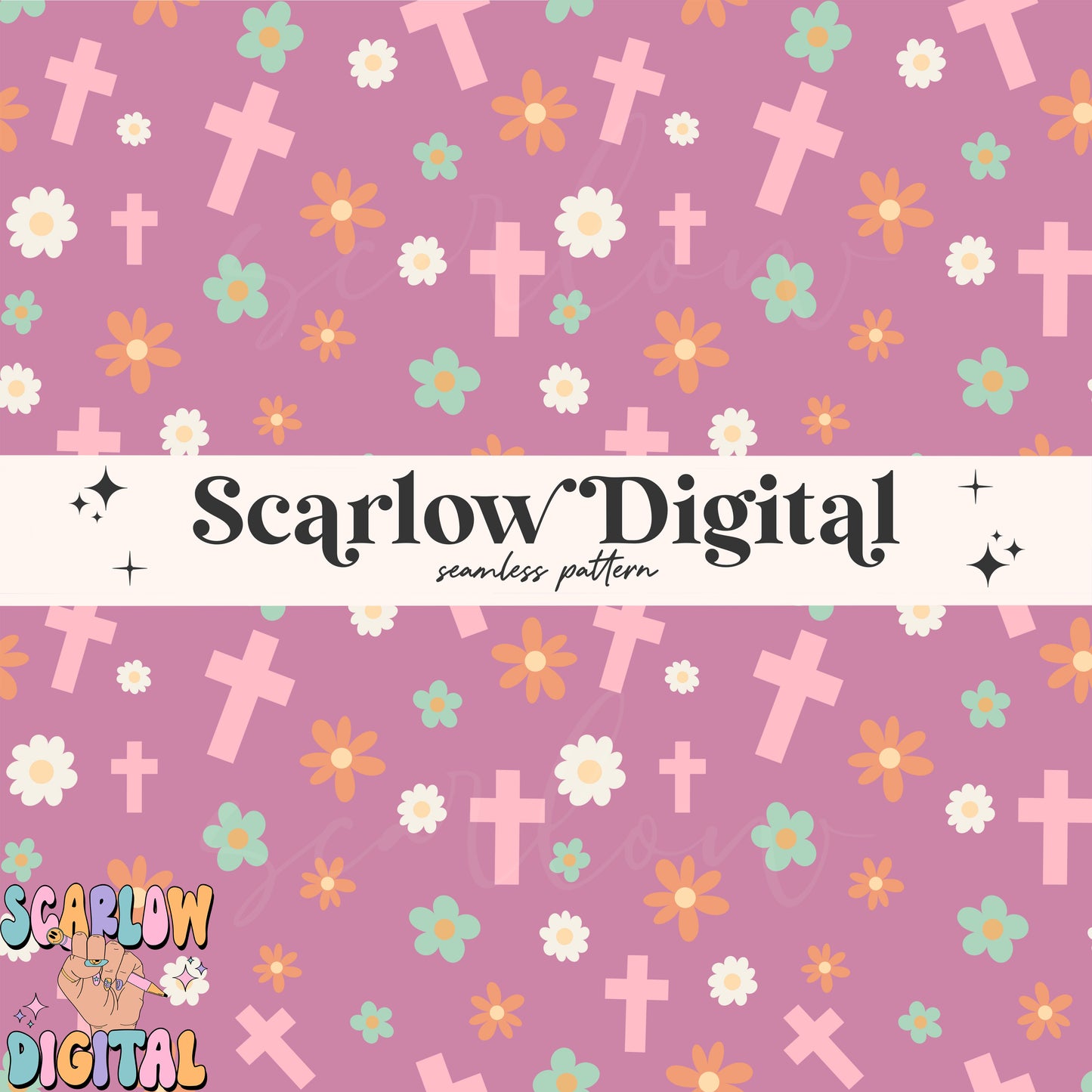 Flowers and Crosses Seamless Pattern-Easter Sublimation Digital Design Download-girly easter seamless pattern, boho seamless patterns