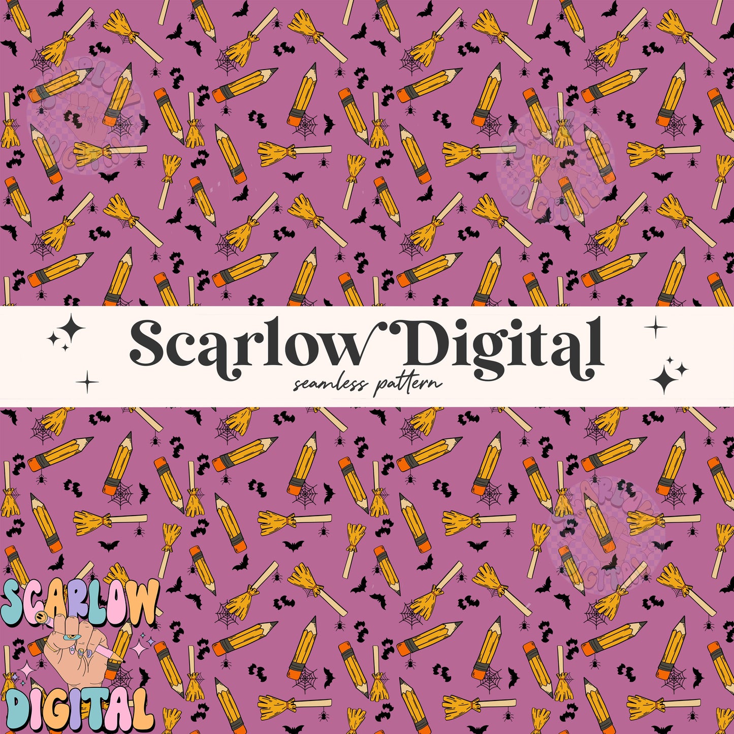 Pencils and Brooms Seamless Pattern Digital Design