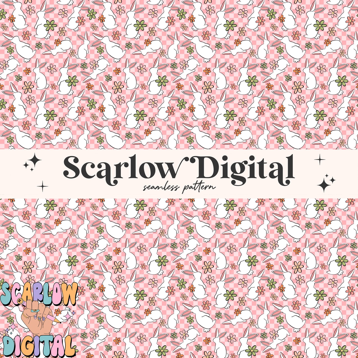 Floral Easter Bunny Seamless Pattern-Easter Sublimation Digital Design Download-checkered easter seamless pattern, girly easter seamless