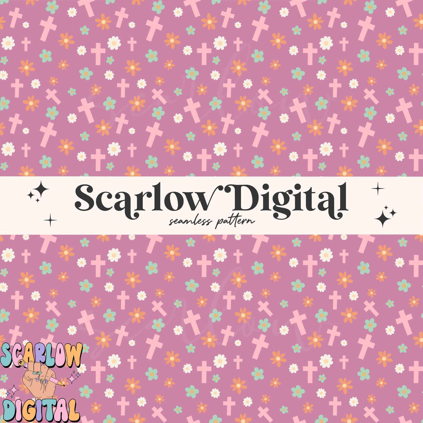 Flowers and Crosses Seamless Pattern-Easter Sublimation Digital Design Download-girly easter seamless pattern, boho seamless patterns