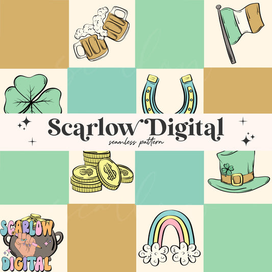 Checkered St Patrick's Day Doodles Seamless Pattern Sublimation Digital Design, rainbow seamless, pot of gold seamless, boy seamless files