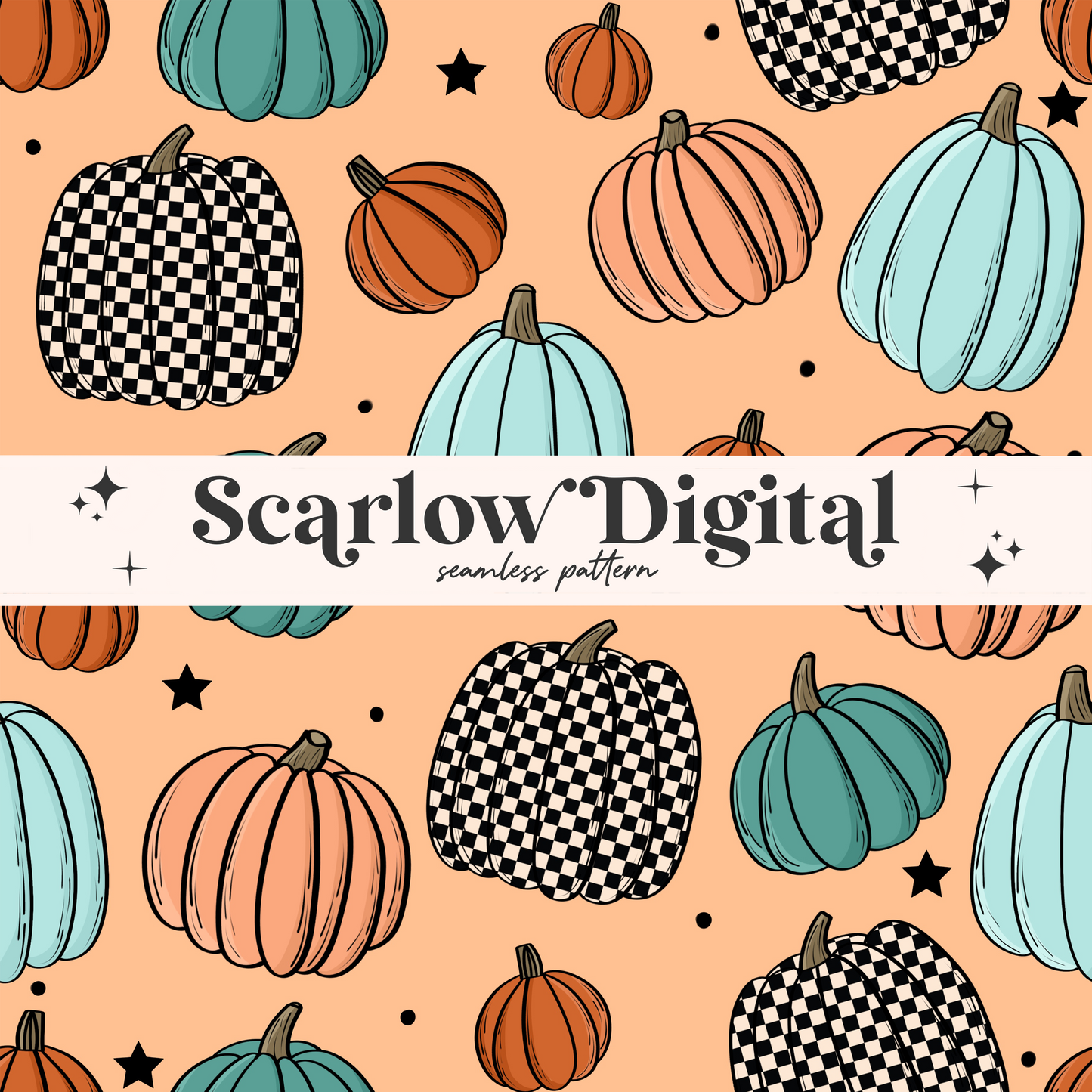 Checker Pumpkins Seamless Pattern-Fall Sublimation Digital Design Download-boy surface patterns, trendy seamless, checkered seamless pattern