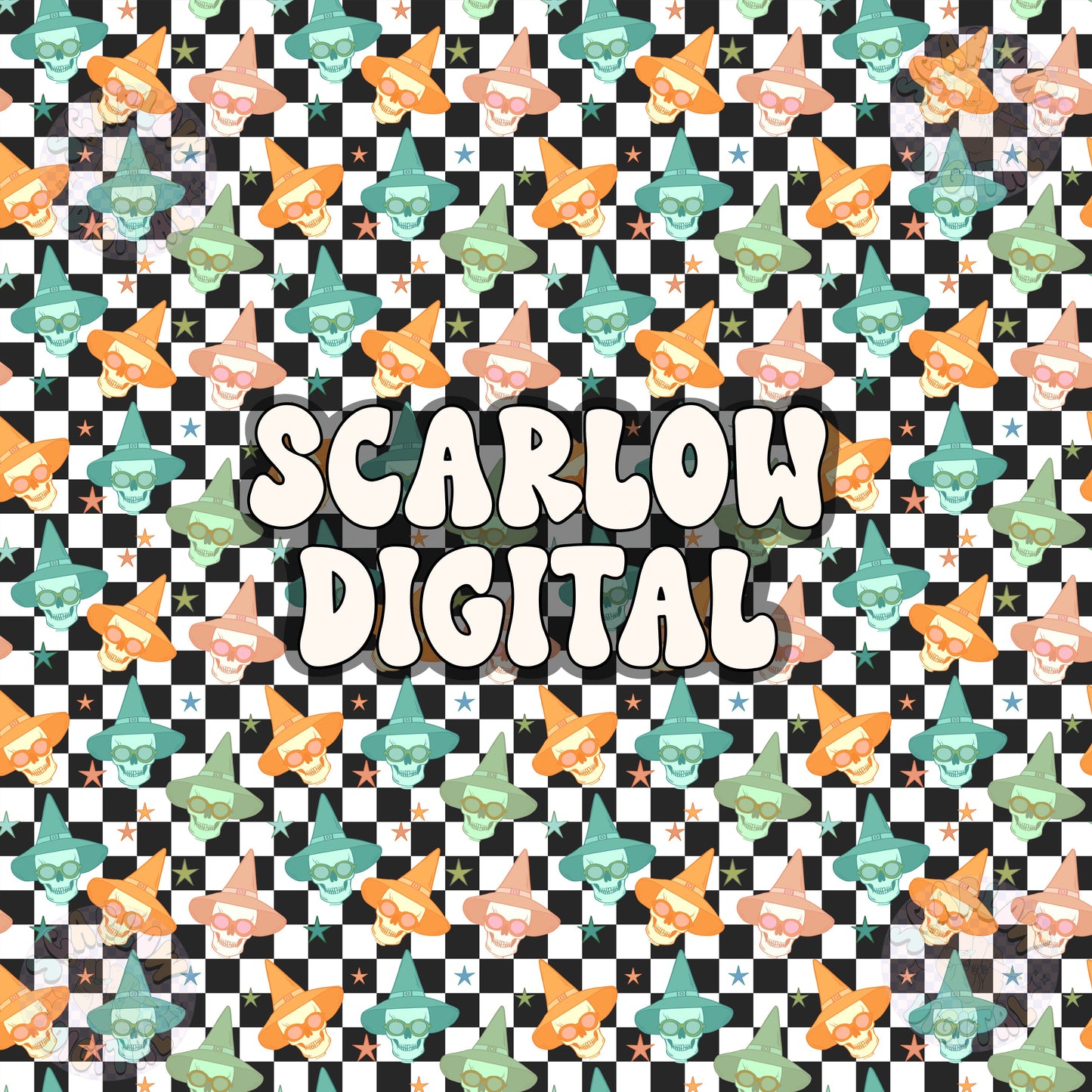 Skulls in Witch Hats Seamless Pattern Digital Design