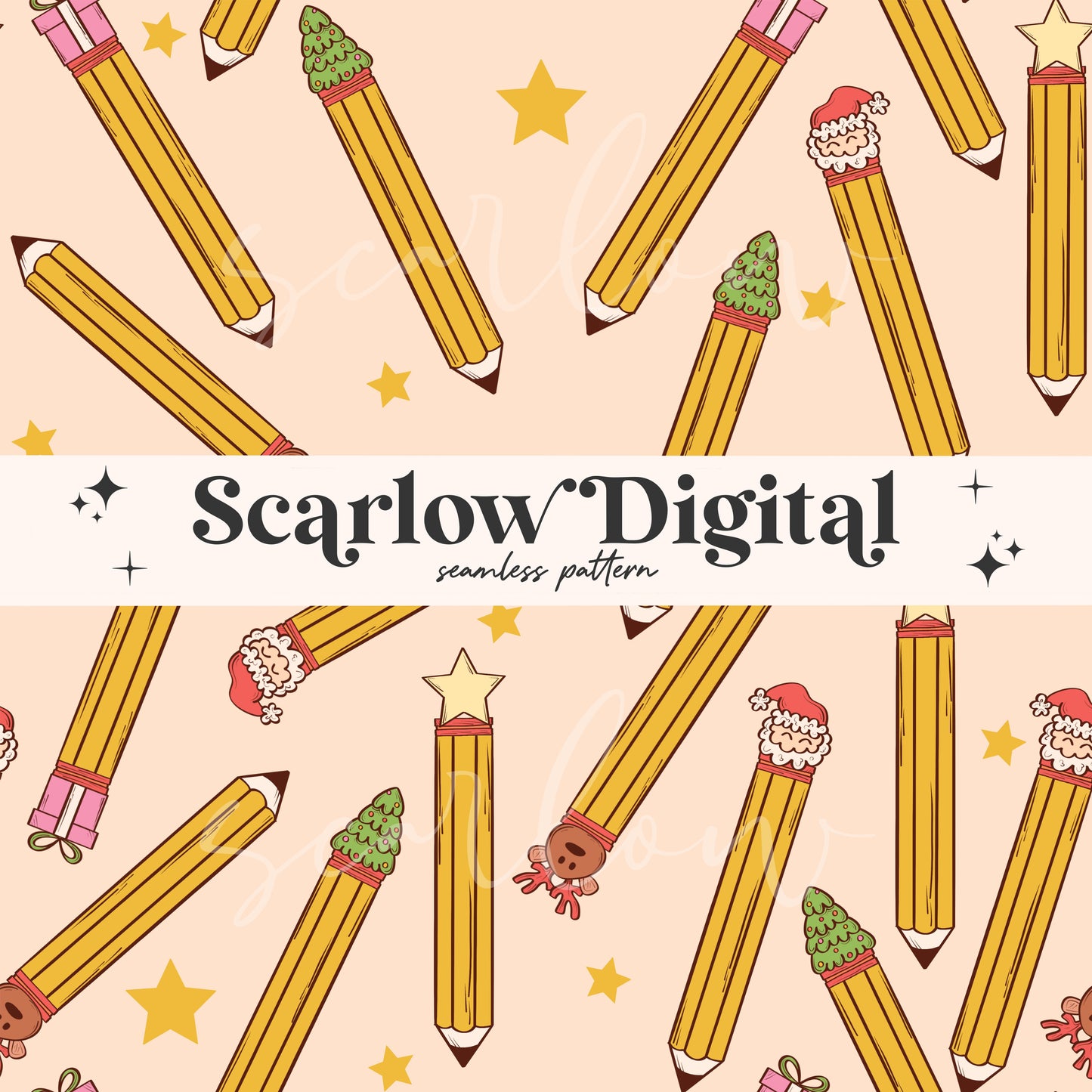 Christmas Pencils Seamless Pattern-Teacher Sublimation Digital Design Download-christmas teacher seamless, pencil eraser seamless patterns