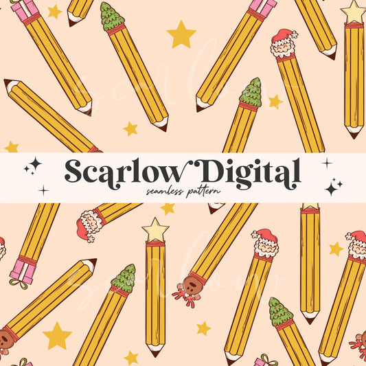 Christmas Pencils Seamless Pattern-Teacher Sublimation Digital Design Download-christmas teacher seamless, pencil eraser seamless patterns