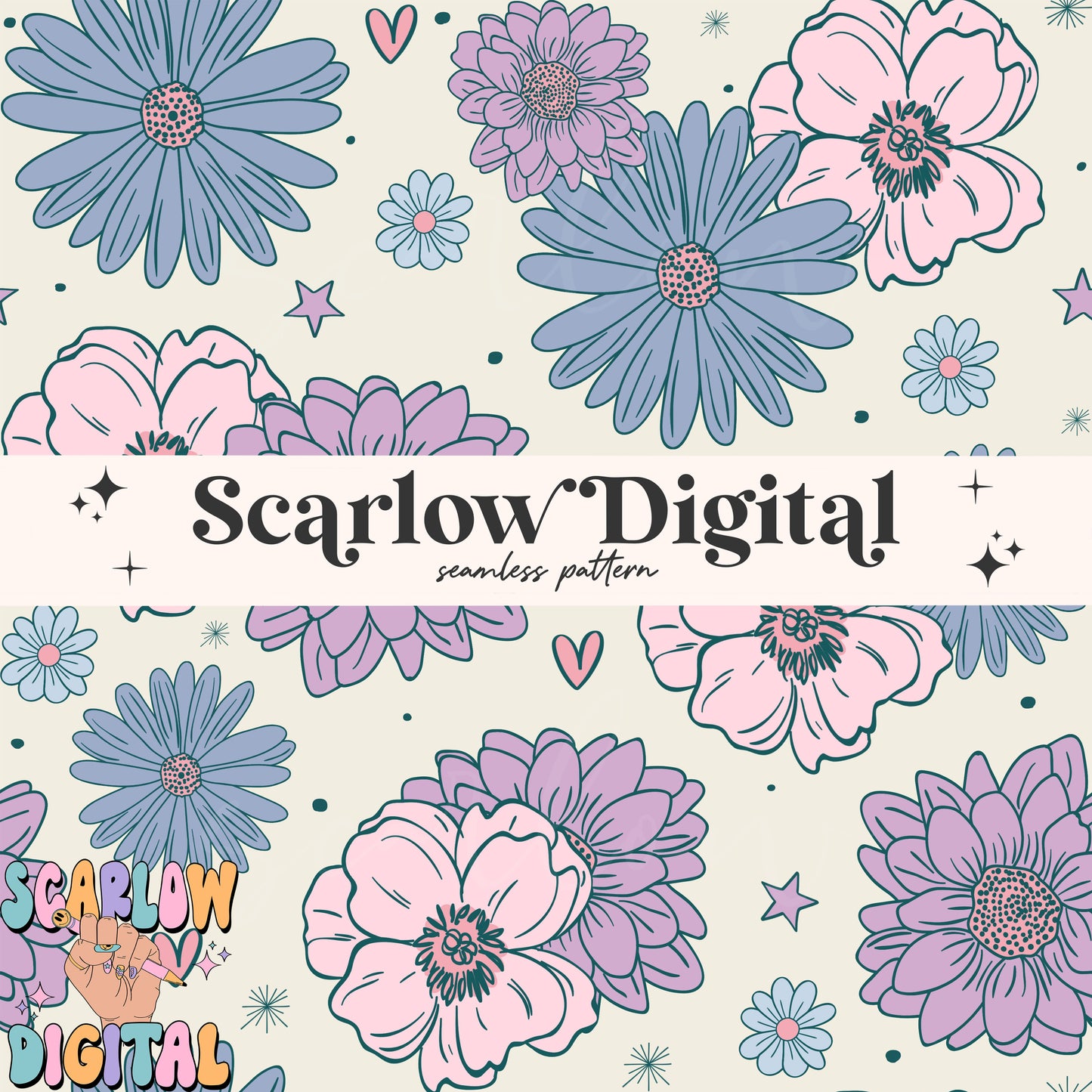 Floral Seamless Pattern Digital Design Download, flowers seamless pattern, doodle hearts seamless, girly seamless, spring seamless pattern