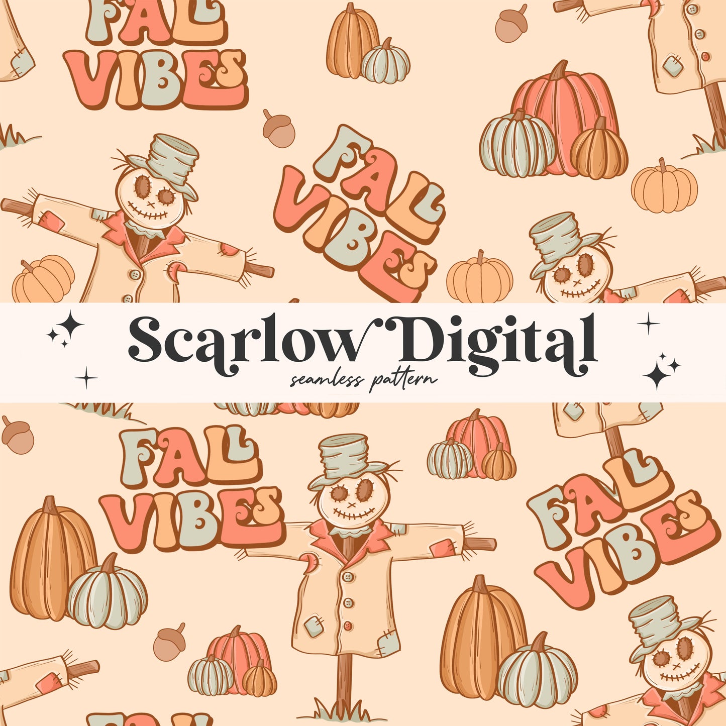 Fall Vibes Seamless Pattern-Autumn Sublimation Digital Design Download-fall surface pattern, pumpkins seamless file, scarecrow seamless file