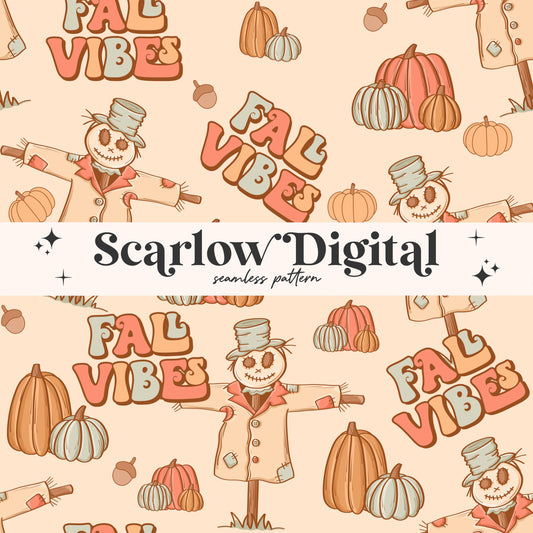 Fall Vibes Seamless Pattern-Autumn Sublimation Digital Design Download-fall surface pattern, pumpkins seamless file, scarecrow seamless file