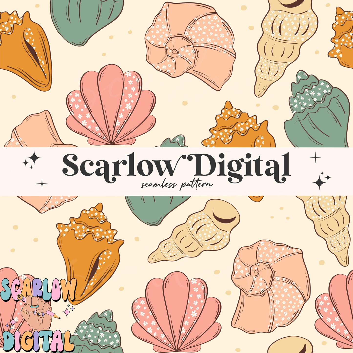 Floral Sea Shells Seamless Pattern Digital Design