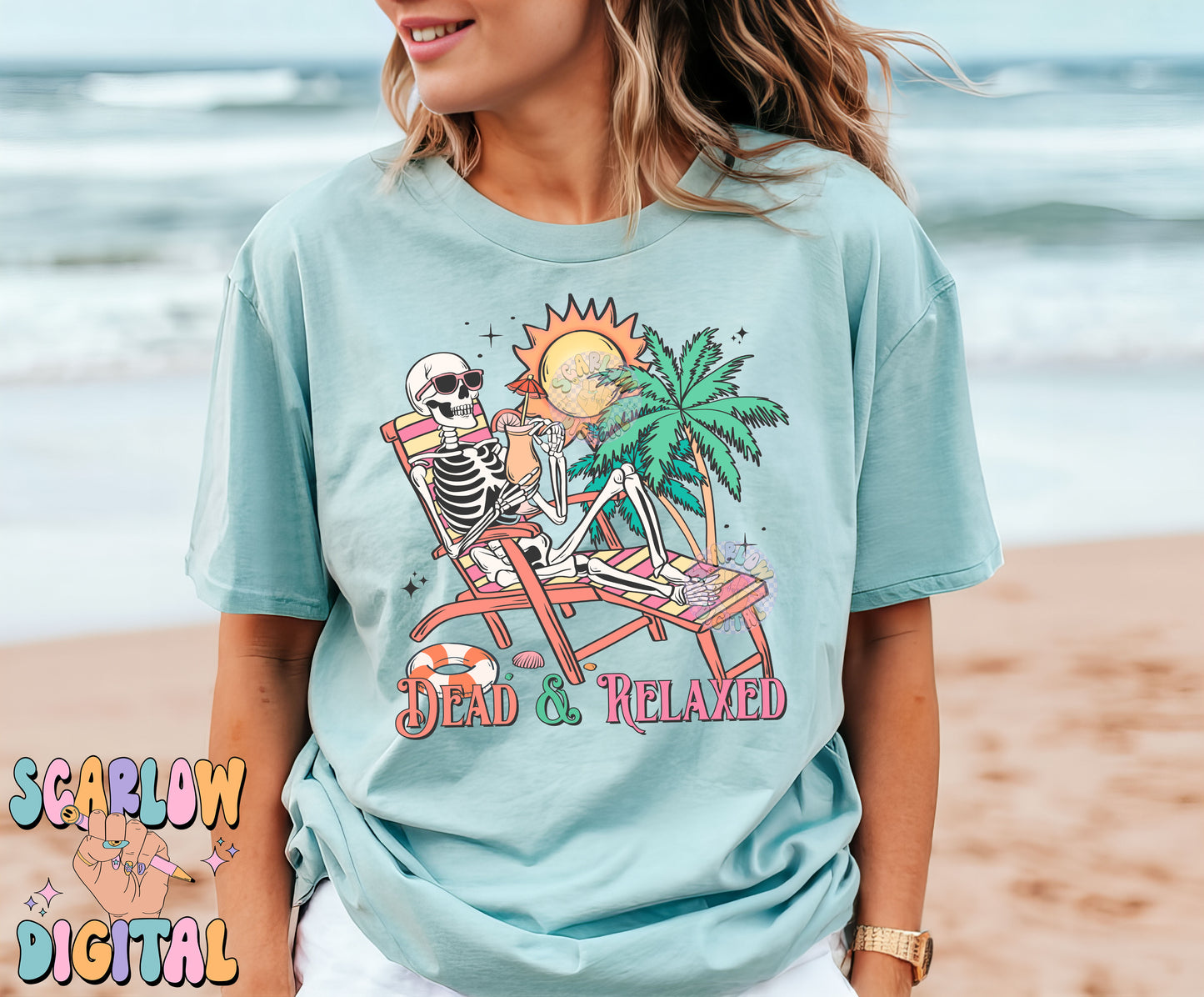 Dead and Relaxed PNG Digital Design Download, skeleton png, funny png designs, halloween png, spooky summer png, beach png, palm trees png