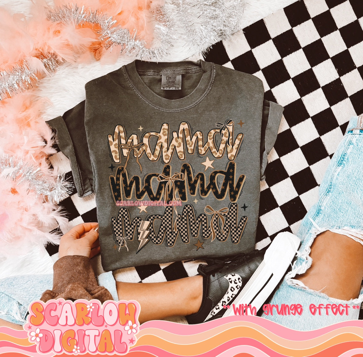 Leopard and Checkered Mama PNG Digital Design