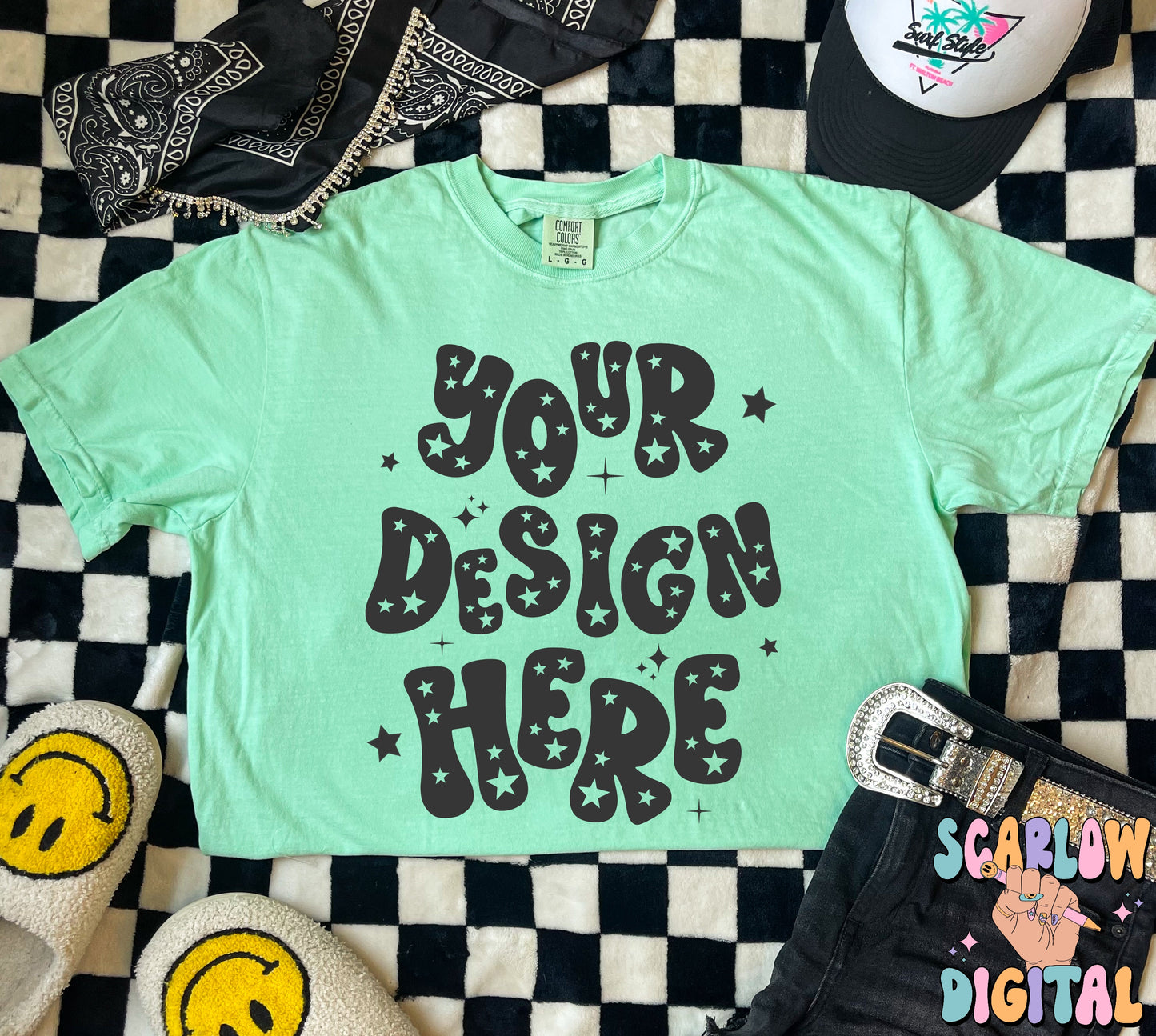 Comfort Colors 1717 Island Reef Tshirt Mockup, cc mockup, flat lay mockup, grunge mockup, neon mockup, retro shirt mockup, fun tshirt mockup