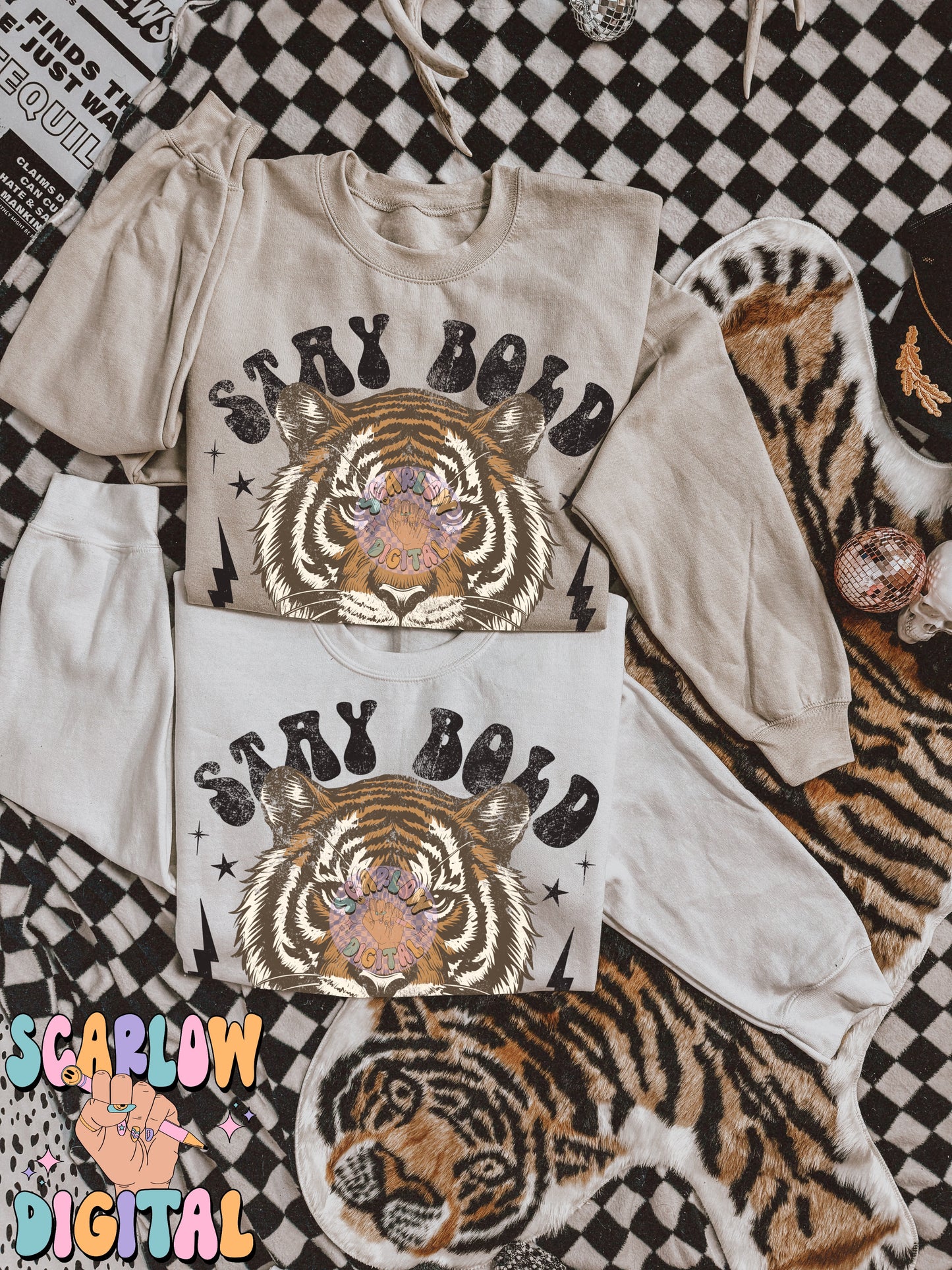 Stay Bold Stay Fierce PNG Digital Design Download, grunge png, edgy png, checkers png, tiger png, png for women, animal png, strength png
