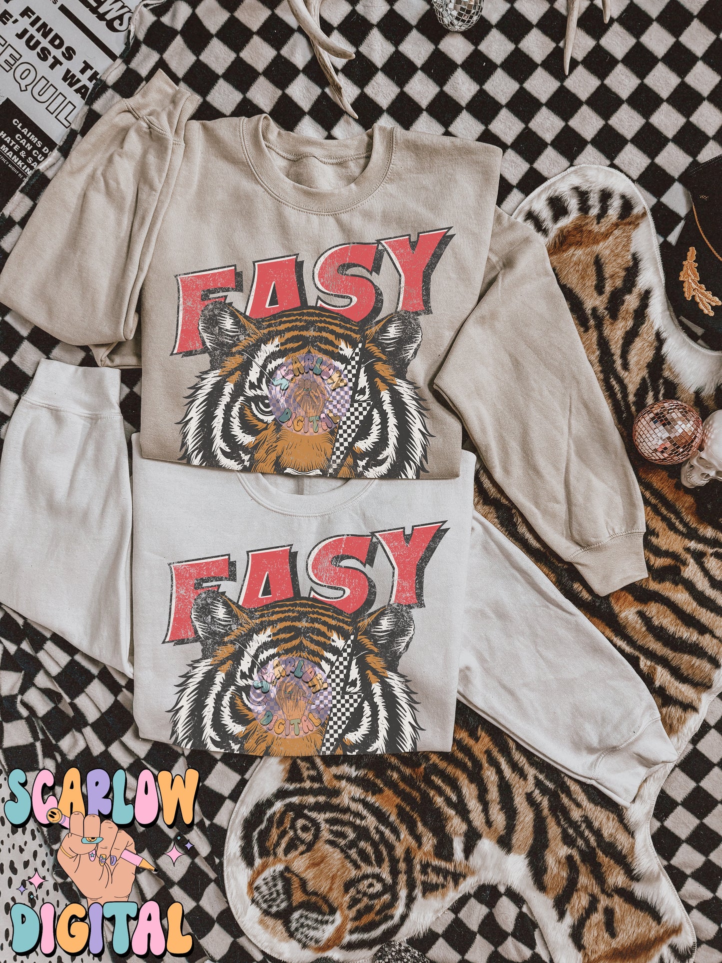 Easy Tiger PNG Digital Design Download, grunge png, edgy png, lightening bolt png, checkers png, mens png, unisex png, png designs for women