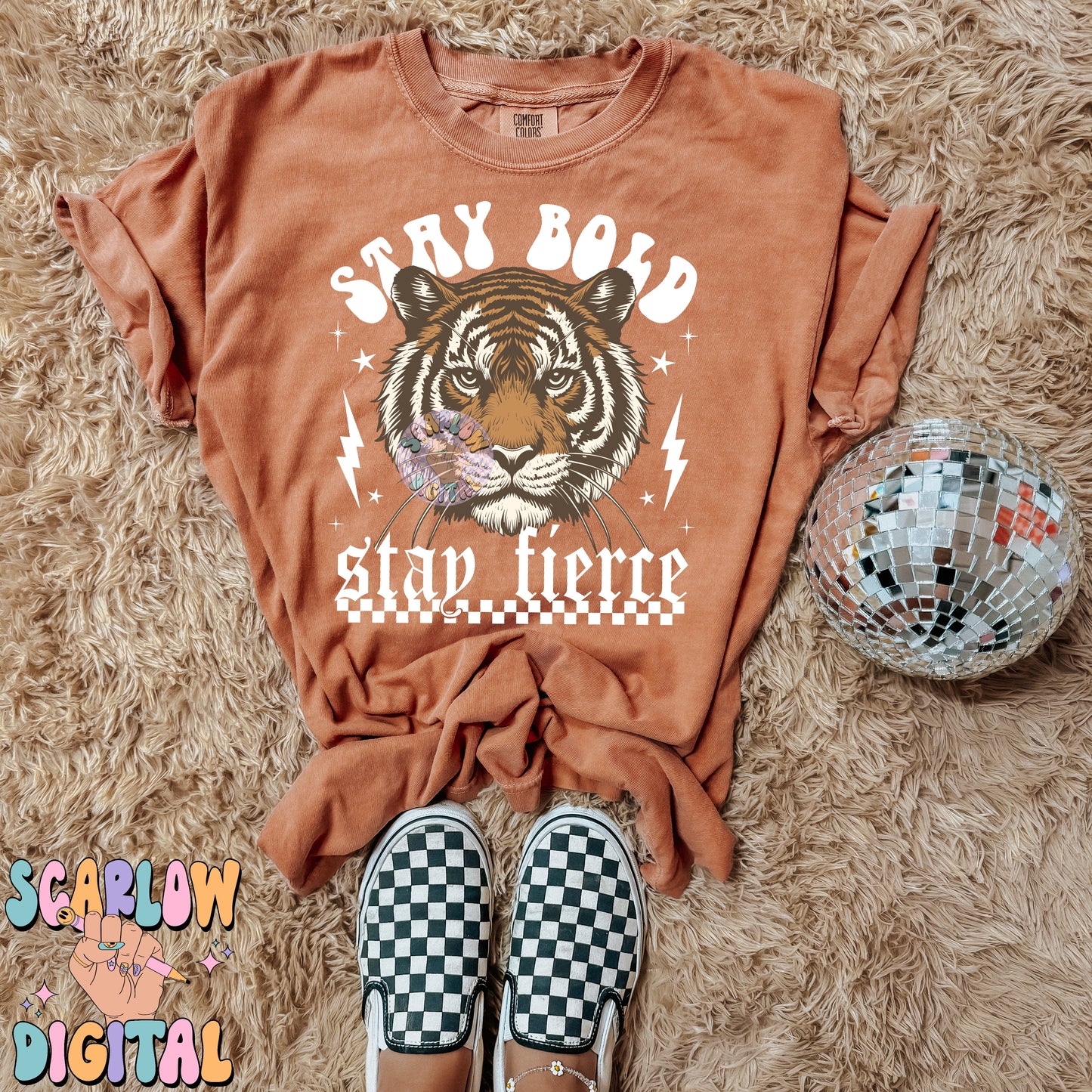 Stay Bold Stay Fierce PNG Digital Design Download, grunge png, edgy png, checkers png, tiger png, png for women, animal png, strength png