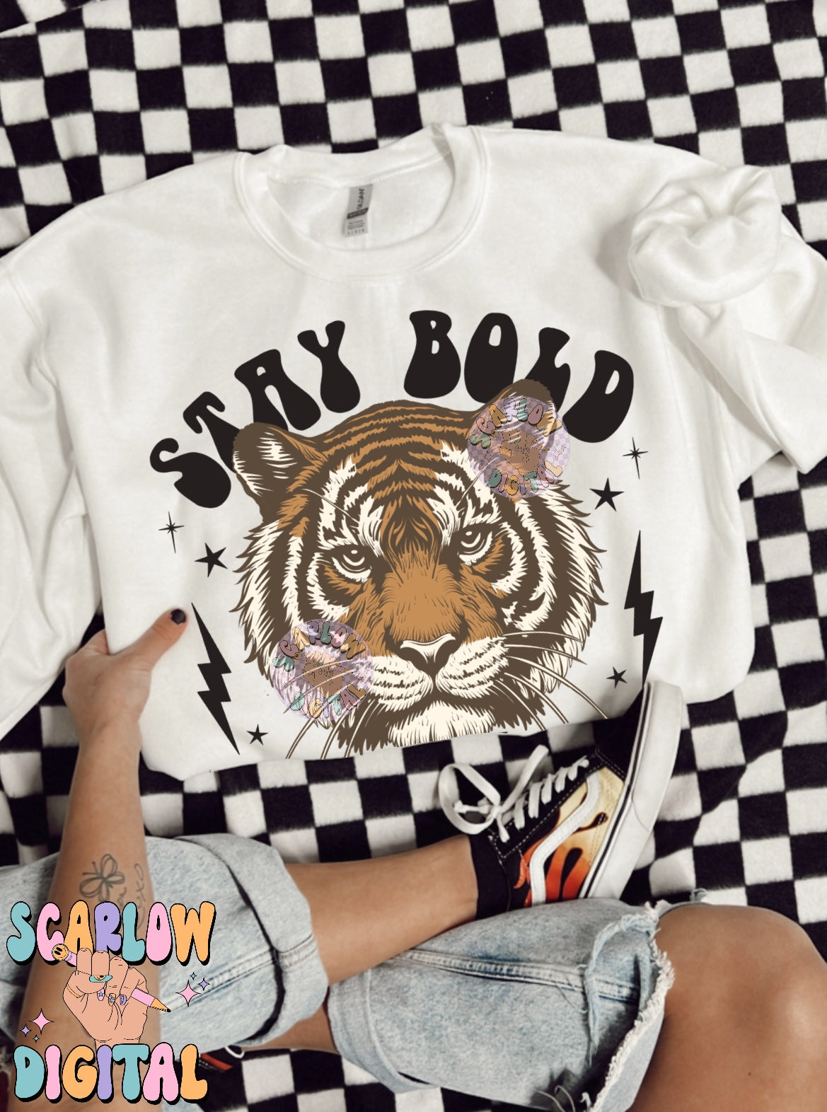 Stay Bold Stay Fierce PNG Digital Design Download, grunge png, edgy png, checkers png, tiger png, png for women, animal png, strength png