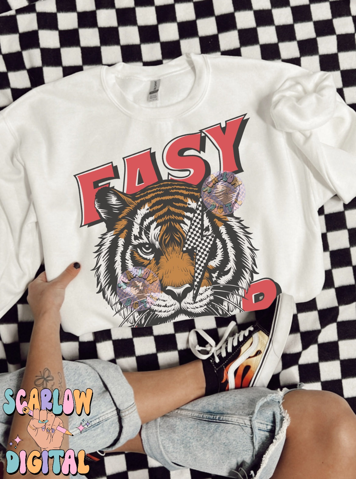 Easy Tiger PNG Digital Design Download, grunge png, edgy png, lightening bolt png, checkers png, mens png, unisex png, png designs for women