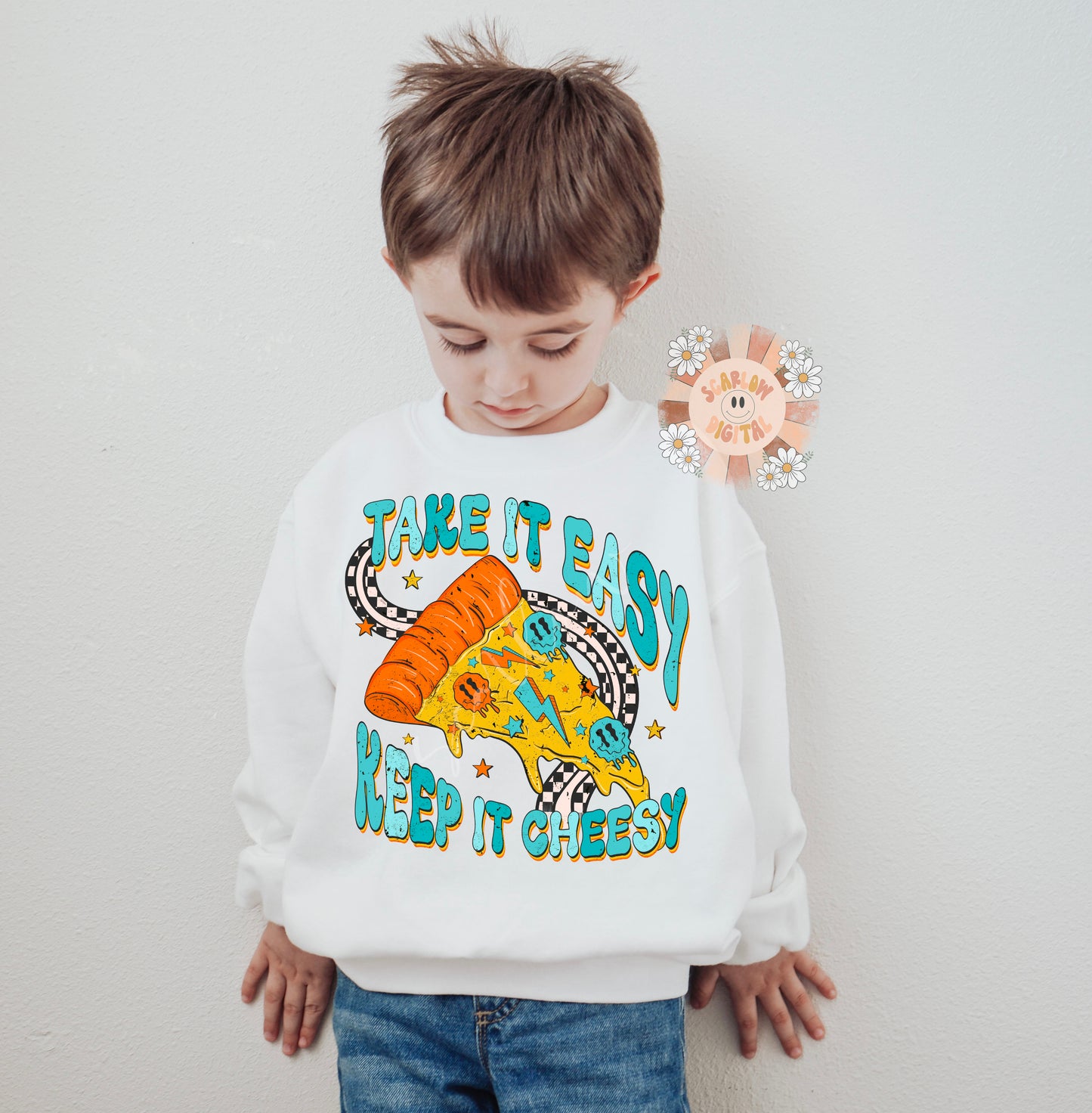 Take it Easy Keep it Cheesy PNG Sublimation Digital Design Download, boy png, retro png, pizza png, boho png, funny png, png for boys