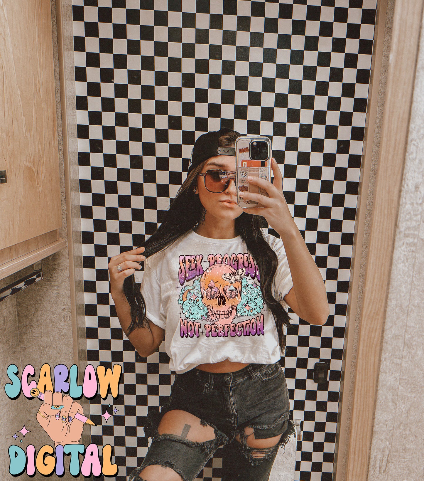 Seek Progress Not Perfection PNG Digital Design Download, skull png, skeleton png, celestial png, self care png, butterfly png, mushroom png