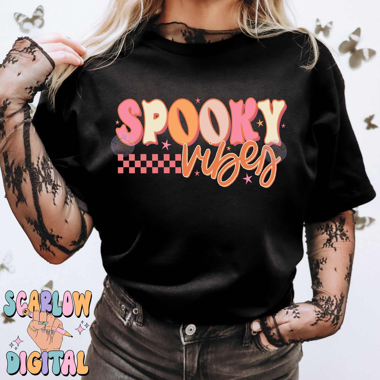 Spooky Vibes PNG Digital Design Download, halloween png, spooky season png, neon halloween png, retro halloween png, checkers png, girl png