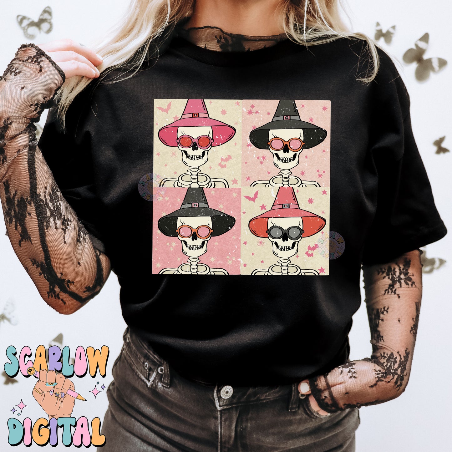 Skeletons in Witch Hats PNG Digital Design Download, Halloween png, skulls png, pink halloween png, bats png, spooky season png, witches png